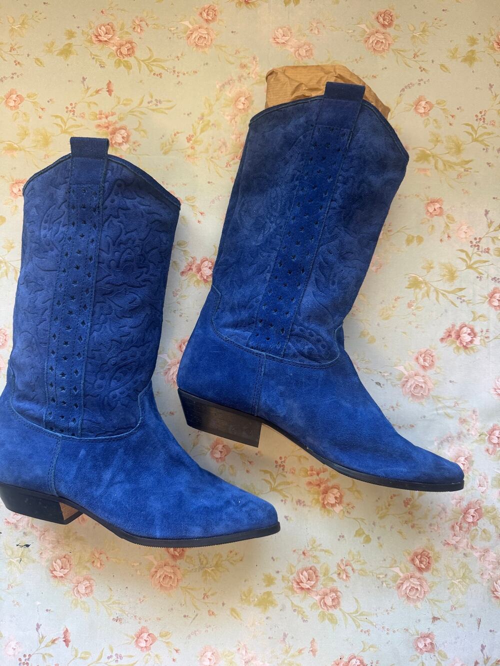 Cobalt Blue Suede Cowboy Boots Women’s 7.5 (Actual ~6.5) Embossed Made in Italy